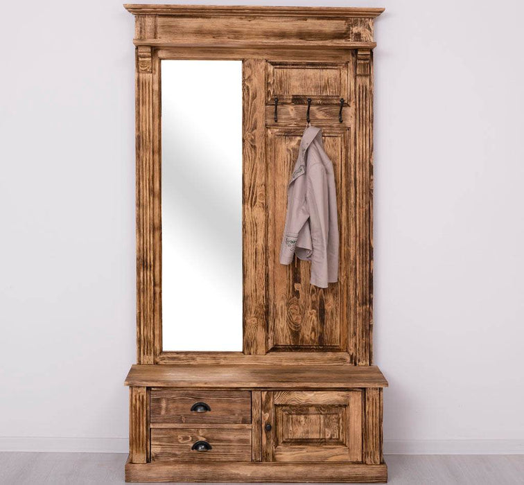 Garderobe aus Massivholz mit Spiegel und Staufächern -