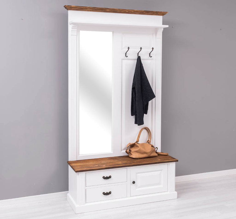 Garderobe aus Massivholz mit Spiegel und Staufächern -