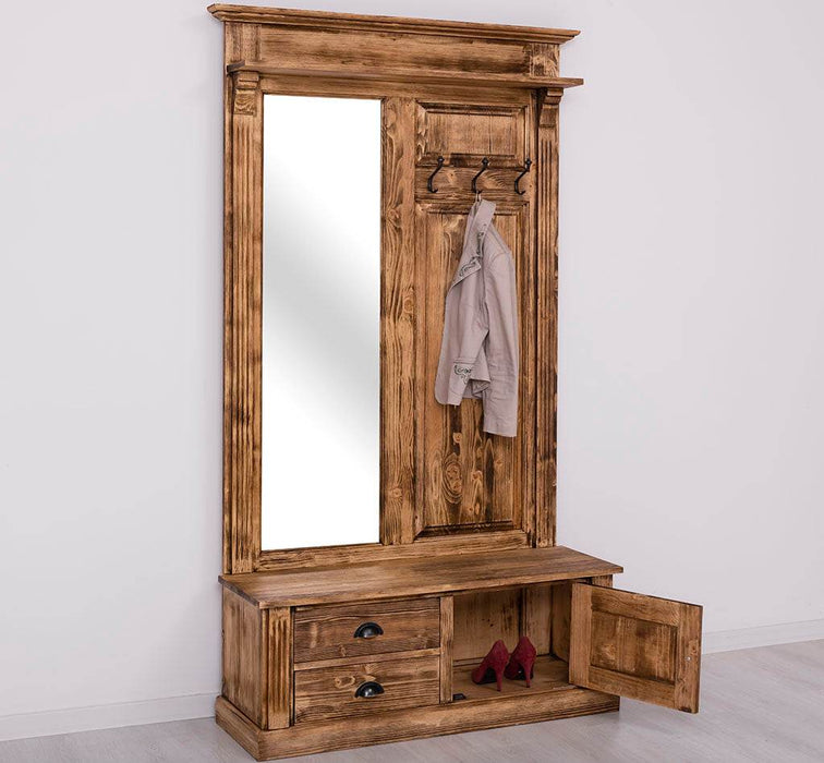 Garderobe aus Massivholz mit Spiegel und Staufächern -