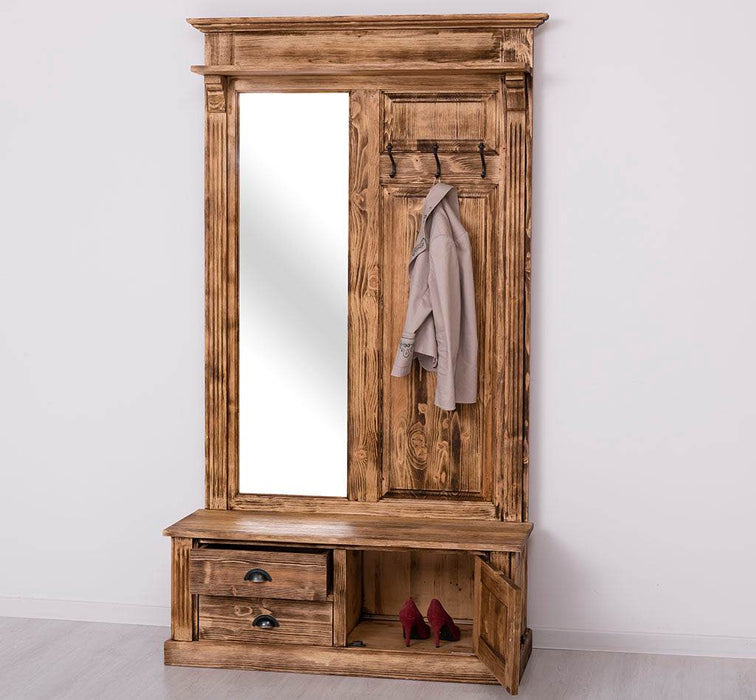 Garderobe aus Massivholz mit Spiegel und Staufächern -