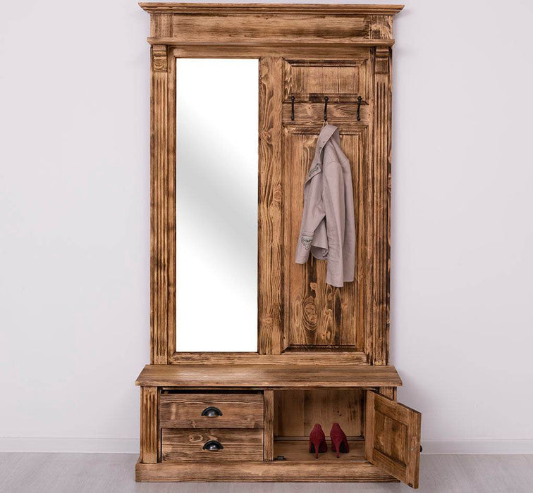 Garderobe aus Massivholz mit Spiegel und Staufächern -