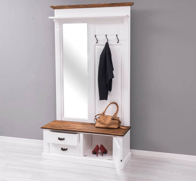 Garderobe aus Massivholz mit Spiegel und Staufächern -
