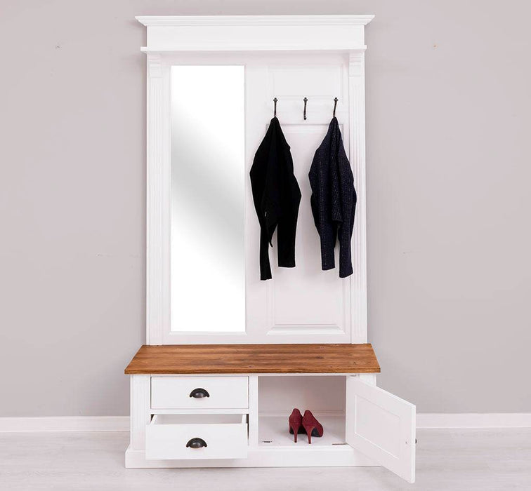 Garderobe aus Massivholz mit Spiegel und Staufächern -