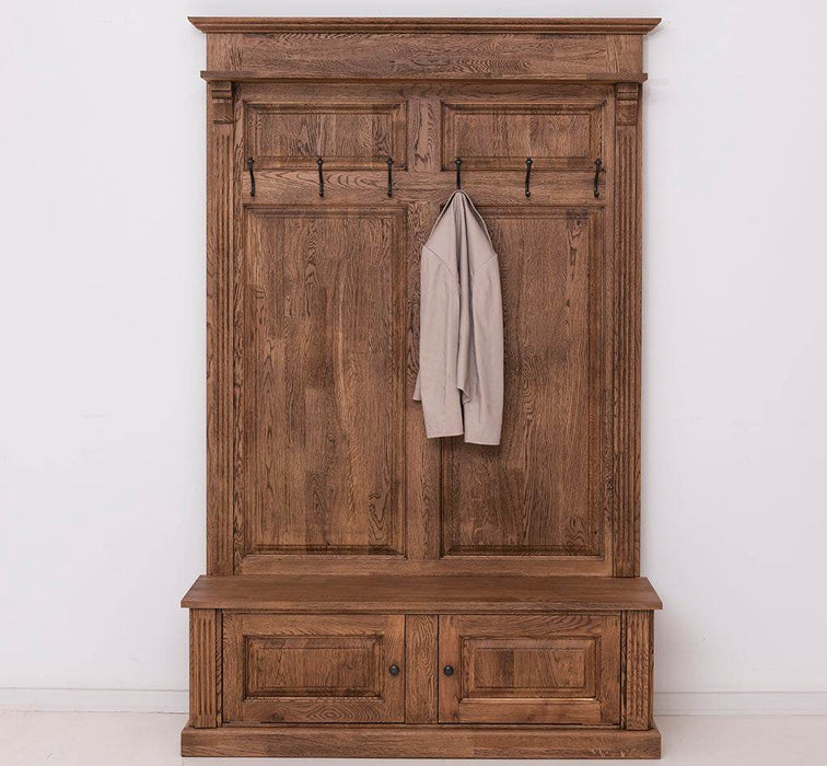 Garderobe aus massiver Eiche mit 6 Haken und 2 Staufächern - Geflammt und gebürstet