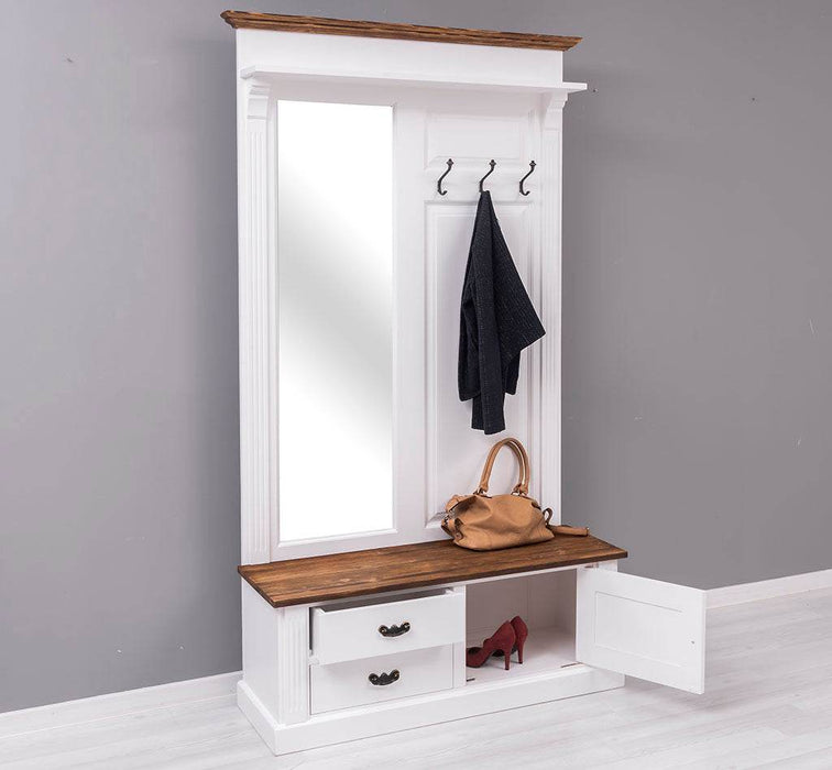 Garderobe aus Massivholz mit Spiegel und Staufächern -