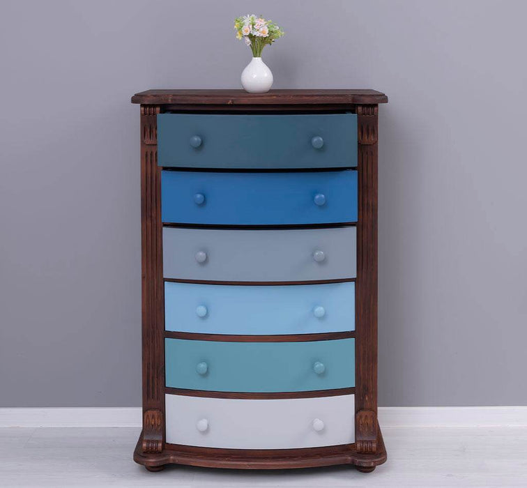 Geschwungene Landhauskommode aus Massivholz mit 6 Schubladen - Kastanie | Blau