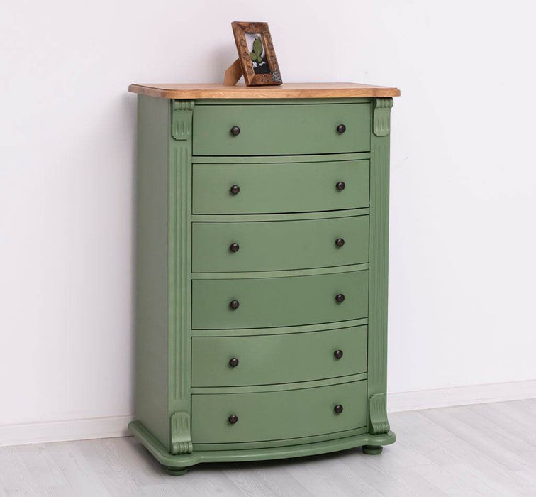 Geschwungene Landhauskommode aus Massivholz mit 6 Schubladen - Eiche | Grün