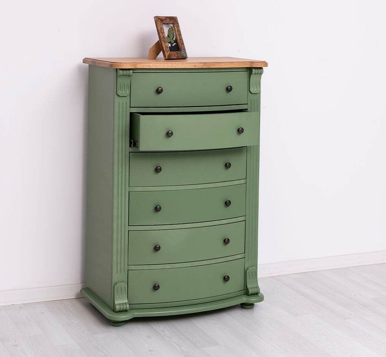 Geschwungene Landhauskommode aus Massivholz mit 6 Schubladen - Eiche | Grün