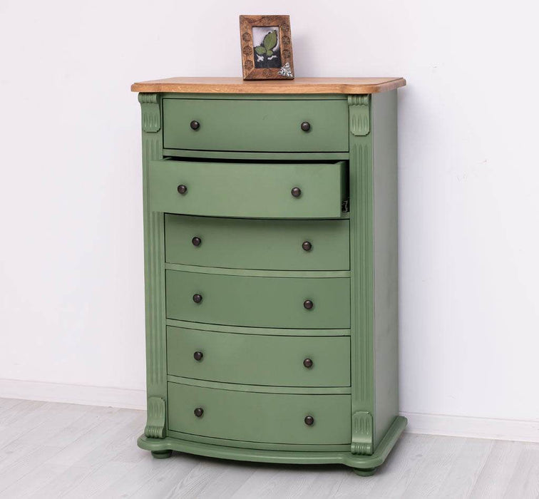 Geschwungene Landhauskommode aus Massivholz mit 6 Schubladen - Eiche | Grün