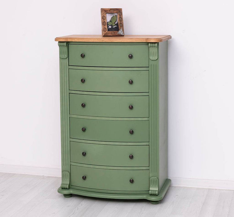 Geschwungene Landhauskommode aus Massivholz mit 6 Schubladen - Eiche | Grün