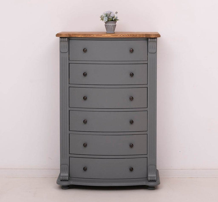 Geschwungene Landhauskommode aus Massivholz mit 6 Schubladen - Gewachst | Grau