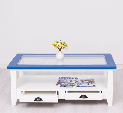 Glas-Couchtisch aus Massivholz mit zwei Schubladen -