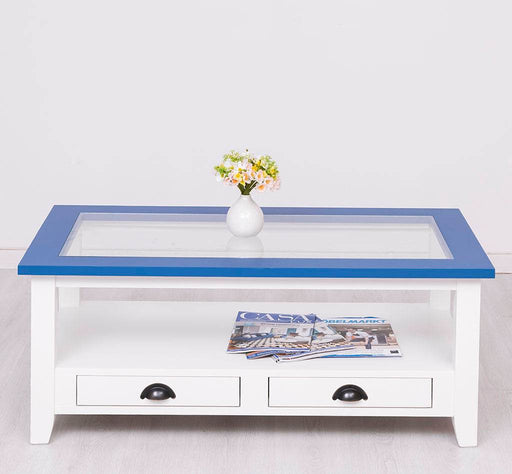 Glas-Couchtisch aus Massivholz mit zwei Schubladen -