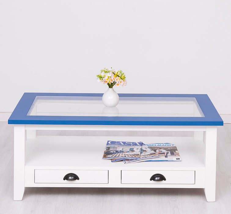 Glas-Couchtisch aus Massivholz mit zwei Schubladen