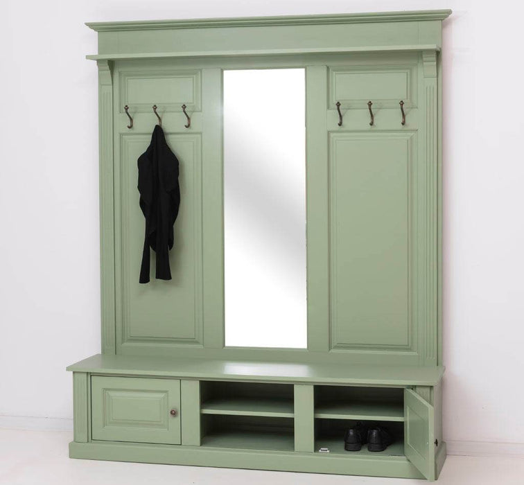 Große Garderobe aus Massivholz mit Kleiderhaken, Spiegel, Hutablage und Bank- uni -