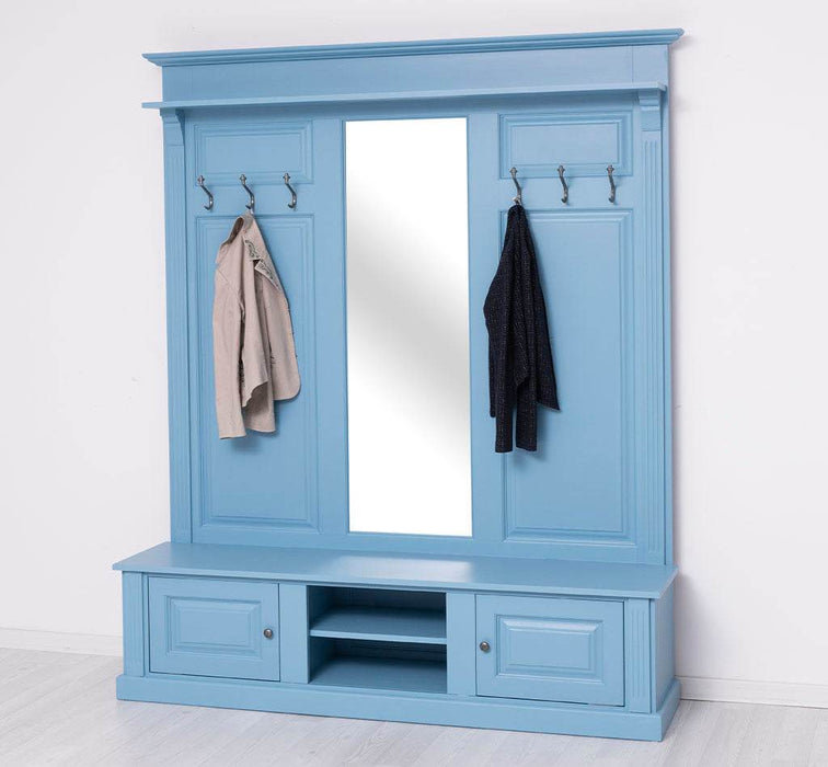 Große Garderobe aus Massivholz mit Kleiderhaken, Spiegel, Hutablage und Bank- uni -