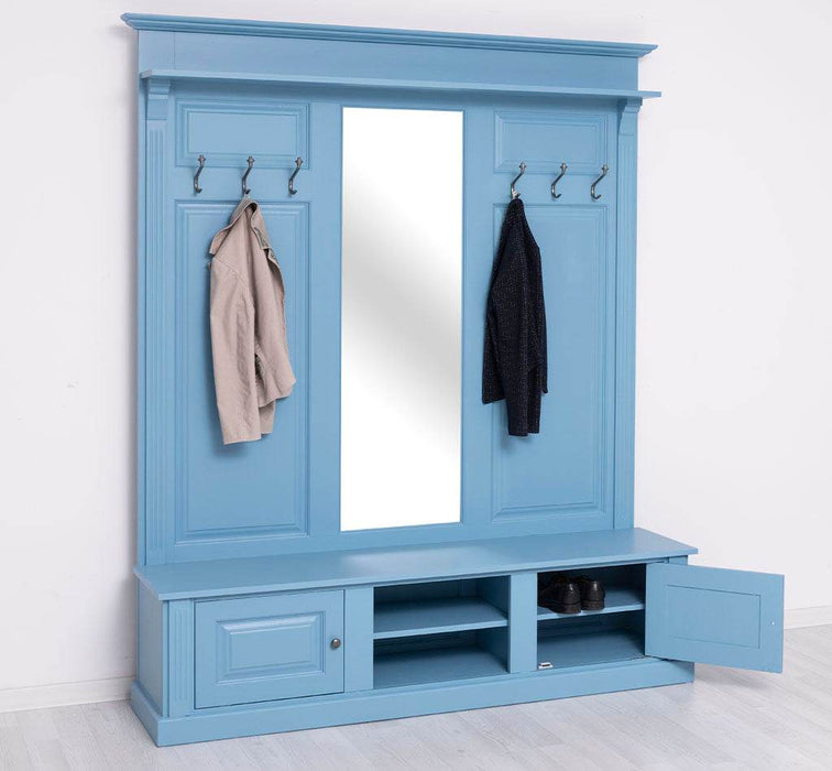 Große Garderobe aus Massivholz mit Kleiderhaken, Spiegel, Hutablage und Bank- uni -