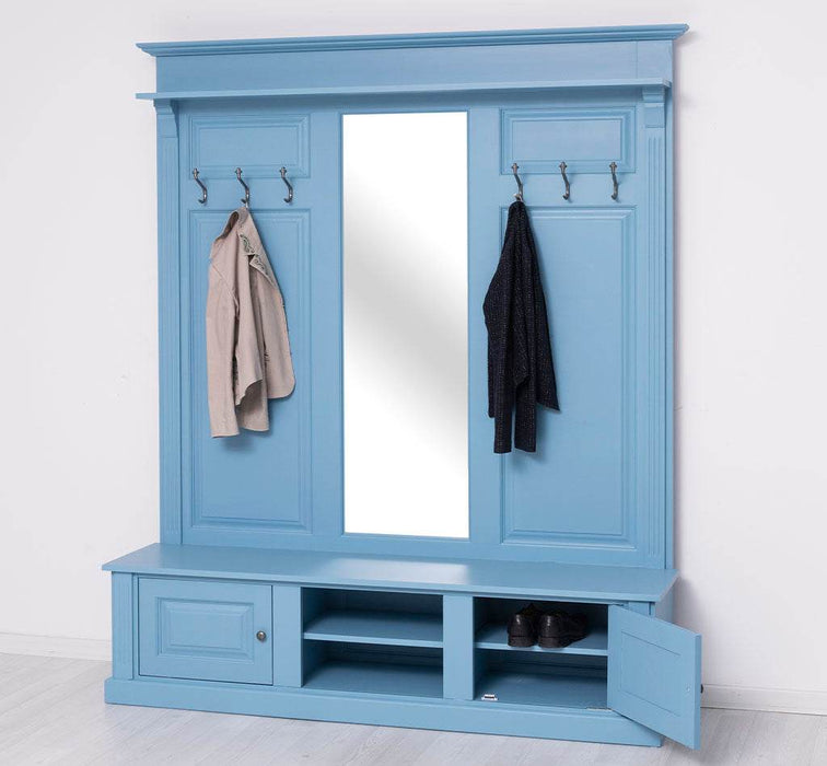 Große Garderobe aus Massivholz mit Kleiderhaken, Spiegel, Hutablage und Bank- uni -