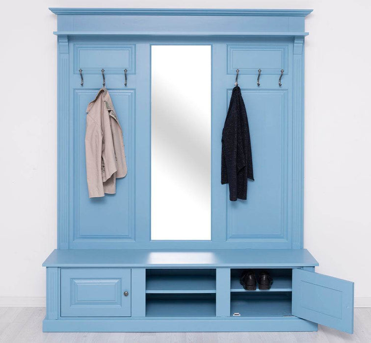 Große Garderobe aus Massivholz mit Kleiderhaken, Spiegel, Hutablage und Bank- uni -