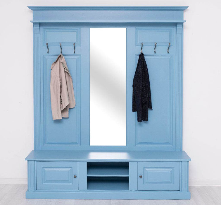 Große Garderobe aus Massivholz mit Kleiderhaken, Spiegel, Hutablage und Bank- uni -