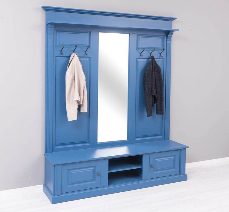 Große Garderobe aus Massivholz mit Kleiderhaken, Spiegel, Hutablage und Bank- uni -