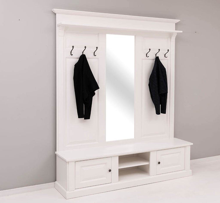 Große Garderobe aus Massivholz mit Kleiderhaken, Spiegel, Hutablage und Bank- uni -