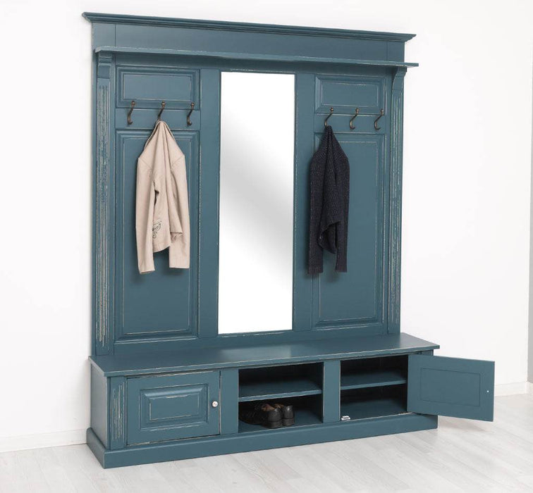 Große Garderobe aus Massivholz mit Kleiderhaken, Spiegel, Hutablage und Bank- uni -