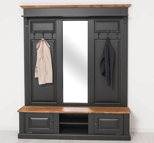 Große Garderobe aus Massivholz mit Kleiderhaken, Spiegel, Hutablage und Bank- Holzkontrast -