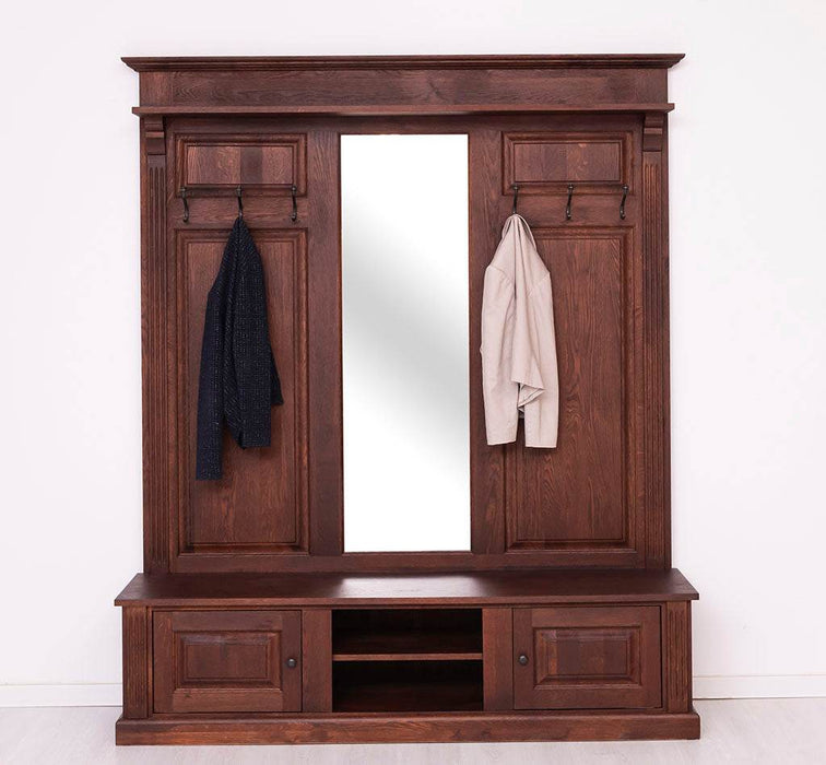 Große Garderobe aus massiver Eiche mit Kleiderhaken, Spiegel, Hutablage und Bank -