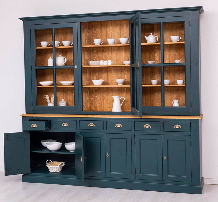 Großer Geschirrschrank aus Massivholz | Vitrine | 2-teilig | 9 Türen | 6 Schubladen -