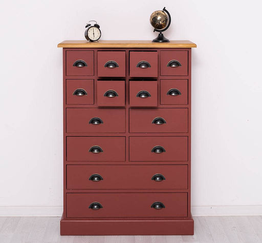 Hoher Apothekerschrank mit 14 Schubladen - Gebeizt | Rot