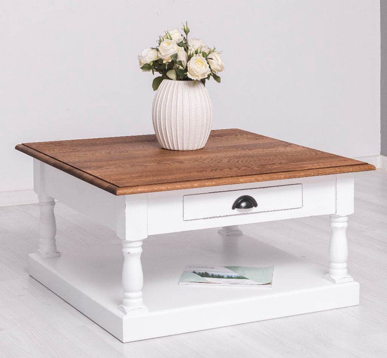 Kleiner Couchtisch aus Massivholz im Landhausstil mit Schublade -