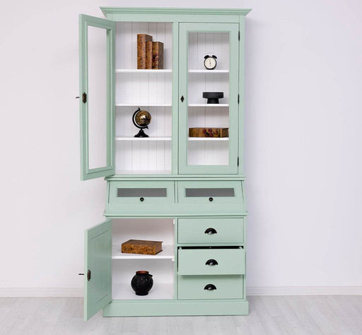 Schmaler Vitrinenschrank aus Massivholz mit Kippfächern | Geschirrschrank mit Display | 2- teilig -