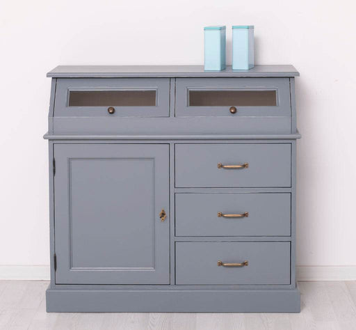 Schmales Sideboard aus Massivholz mit Kippfächern | Geschirrschrank mit Display -