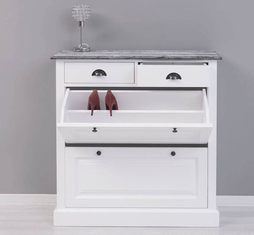 Schuhschrank aus Massivholz mit zwei Kippfächern - mit Holzkontrast -