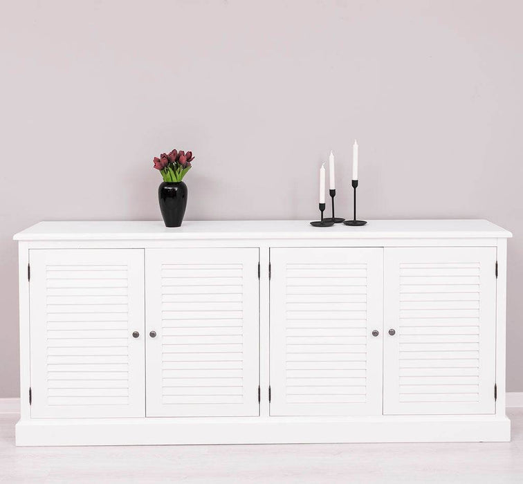 Sideboard aus Massivholz mit Lamellentüren | Kommode mit vier Türen und Knopfgriffen - Weiß