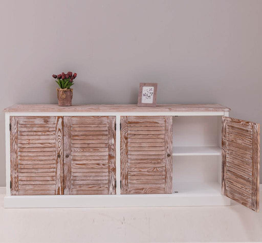 Sideboard aus Massivholz mit Lamellentüren | Kommode mit vier Türen und Knopfgriffen - Gebürstet