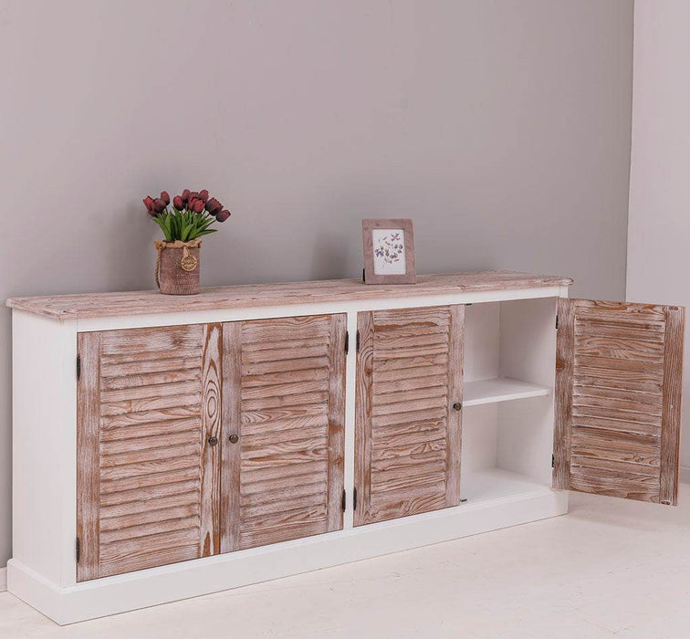 Sideboard aus Massivholz mit Lamellentüren | Kommode mit vier Türen und Knopfgriffen - Gebürstet