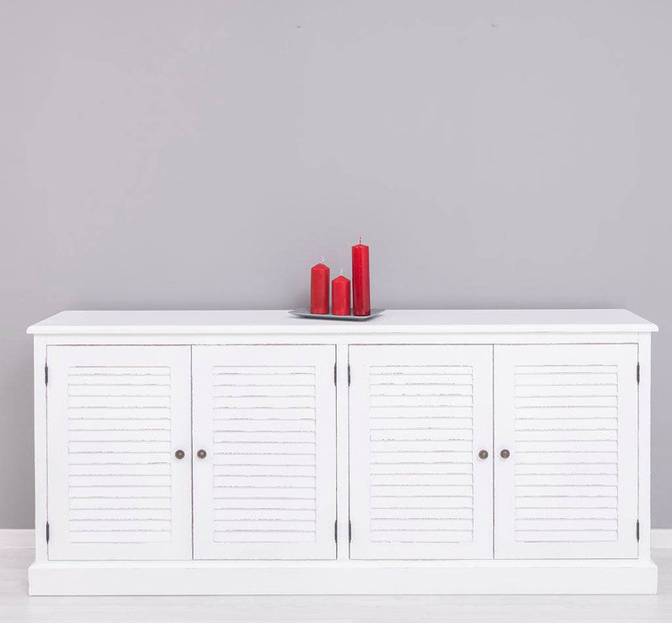 Sideboard aus Massivholz mit Lamellentüren | Kommode mit vier Türen und Knopfgriffen - Vintage Weiß