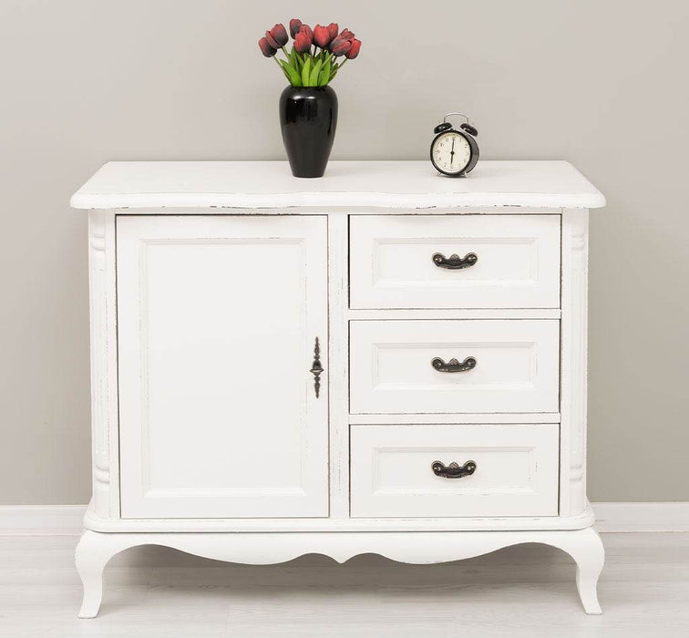 Sideboard aus Massivholz mit Tür und 3 Schubladen | Kommode mit geschwungenen Füßen | Barock - Vintage Weiß