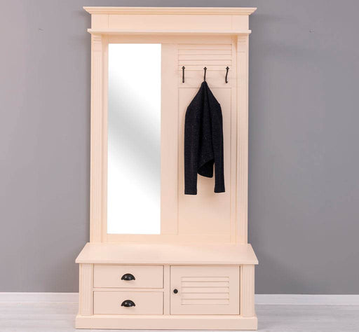 Spiegelgarderobe aus Massivholz mit Sitzfläche | 3 Haken | Schuhfächern und 2 Schubladen -