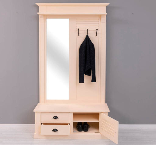 Spiegelgarderobe aus Massivholz mit Sitzfläche | 3 Haken | Schuhfächern und 2 Schubladen -