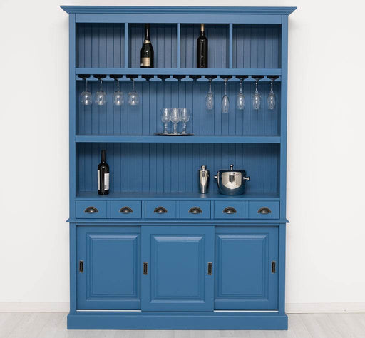 Großer Buffetschrank aus Massivholz mit Glashalterungen in verschiedenen Farben - Blau