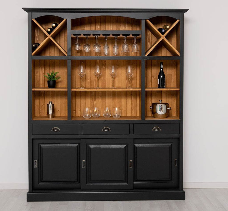 Großer Buffet- und Weinschrank aus Massivholz | Wohnzimmerschrank mit Glashalter und Flaschenablagen - Schwarz