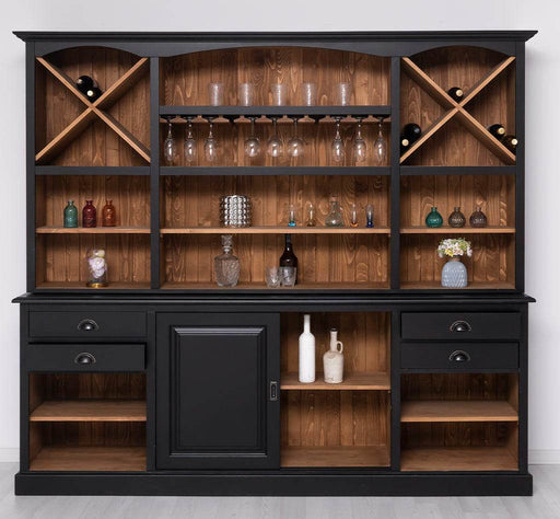 Großer Buffetschrank aus Massivholz | Wohnzimmerschrank mit Glashaltern und Weinfächern - Schwarz - gewachst