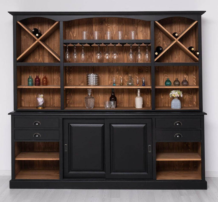 Großer Buffetschrank aus Massivholz | Wohnzimmerschrank mit Glashaltern und Weinfächern - Schwarz - gewachst