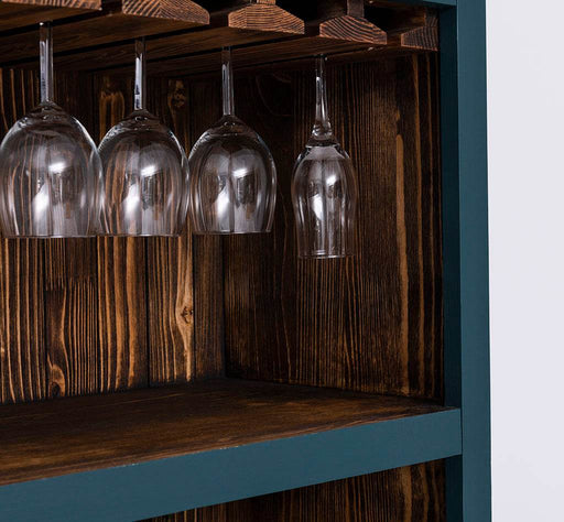 Großes Weinregal aus Massivholz mit Platz für 36 Flaschen - Petrol | Pinie geflammt