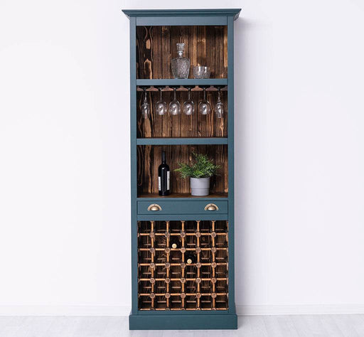 Großes Weinregal aus Massivholz mit Platz für 36 Flaschen - Petrol | Pinie geflammt