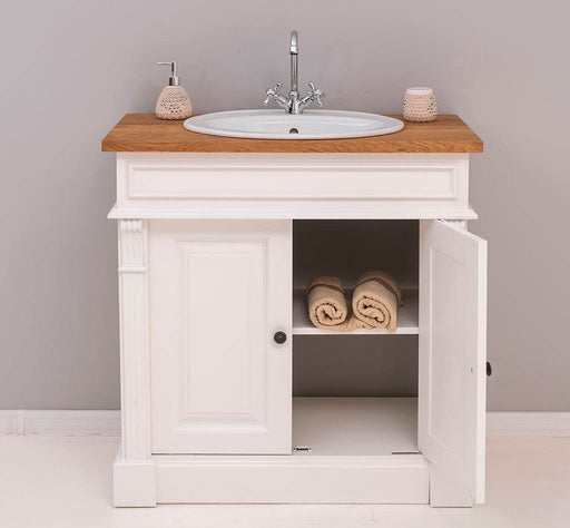 Kleiner Waschbeckenunterschrank aus Massivholz | Waschtisch mit Pinienplatte - Creme - Eiche