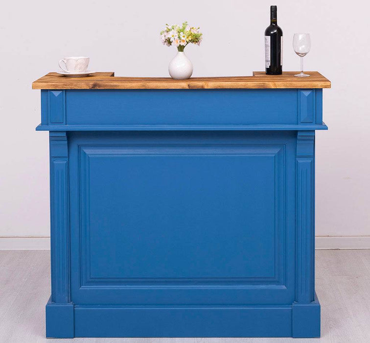 Vintage Weinbar aus Massivholz mit Flaschenfach für 15 Flaschen - Pinie geflammt und gebürstet - Blau